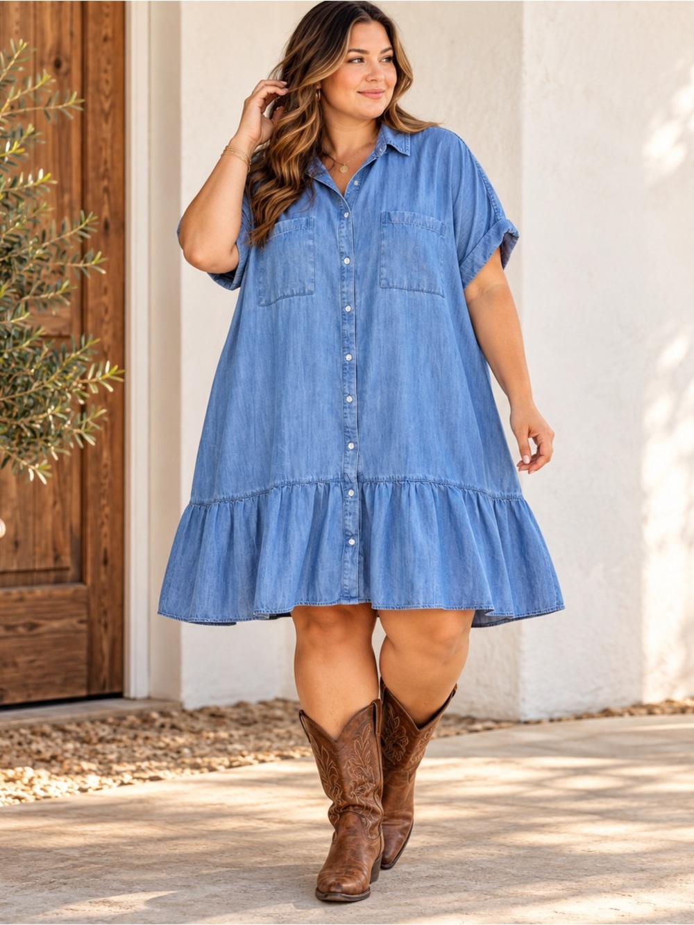 Wonderly 4X Lyocell Chambray Shirt Dress Coastal Western Boho Ruffle Hem